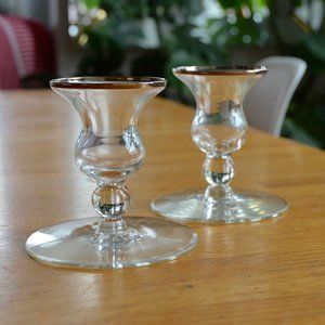 Set of 2 Vintage Retro Glass Candlestick Holders with Silver Rim Embellishment